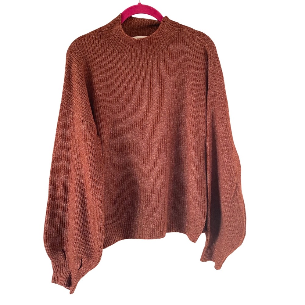 PINQUE Design Studio Mock Neck Balloon Sleeve Ribbed Knit Sweater Top Rust S